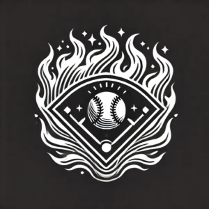 A home plate with a flame motif around it
