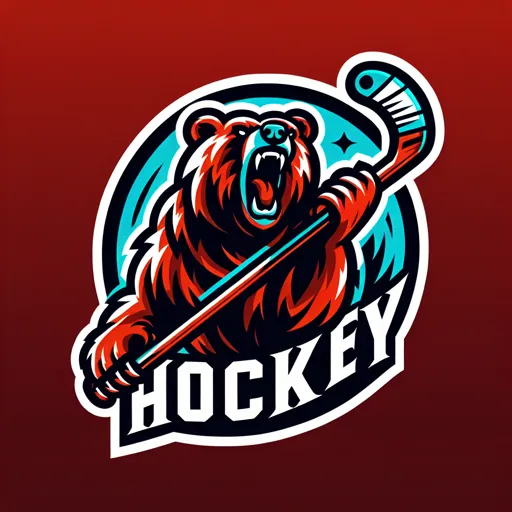 Bold Hockey Logo Design With A Roaring Bear Holding A Hockey Stick