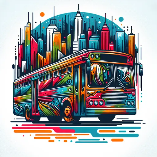 Bus Logo Design Showcasing A Vibrant, Artistic Bus And Cityscape