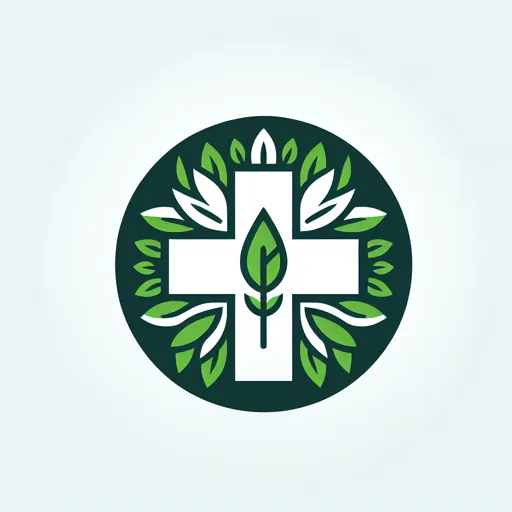 Pharmacy Logo Design Featuring A Cross With Green Leaves