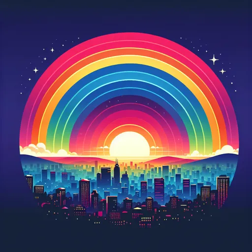 Rainbow Logo Design Featuring A City Skyline Under A Rainbow